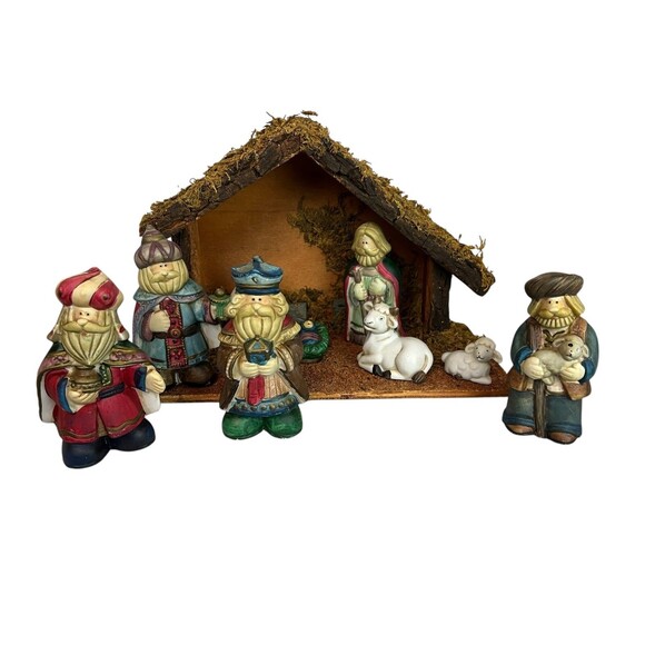 Vintage 80s Nativity Set 10 pc Stable, Wise Men & Shephard Christmas Religious - Picture 1 of 6